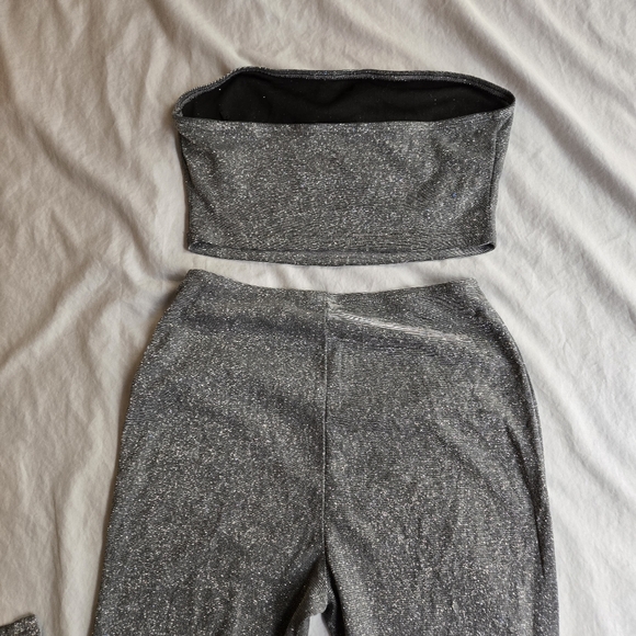 Shein SXY Silver Glitter Stretchy Tube Top & Flare Pants Set Party Evening - Picture 10 of 12